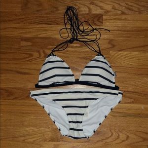 White Bikini with Navy White stripes.